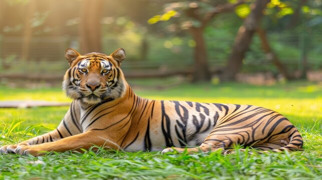 a tiger laying in the grass looking at the camera with a blurry background of trees and grass in the foreground.