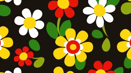 Keuken spatwand met foto a black background with yellow, red, green, and white flowers in the center of the flowers is red, white, yellow, and green. © Anna