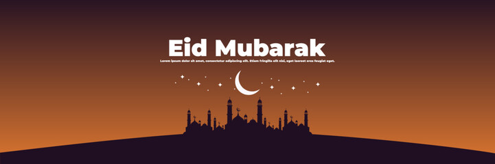 Eid mubarak night vector illustration with mosque silhouette ramadan good for web banner, ads banner, booklet, wallpaper, background template, and advertising	