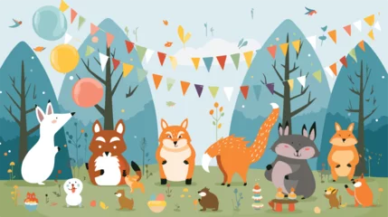 Muurstickers A comical scene of animals having a party in the fo © Mishi