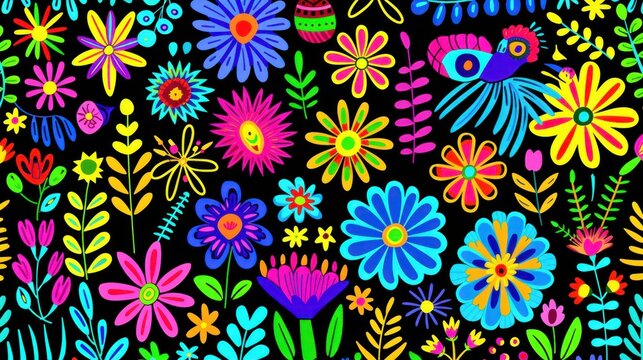 a black background with a bunch of colorful flowers and birds in the center of the image and a black background with a bunch of colorful flowers and birds in the middle.