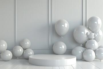A captivating 3D balloons podium background, perfect for product presentations, offering an elegant and sophisticated scene to showcase various items with flair