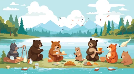 Stoff pro Meter A comical scene of animals having a picnic by the l © Mishi