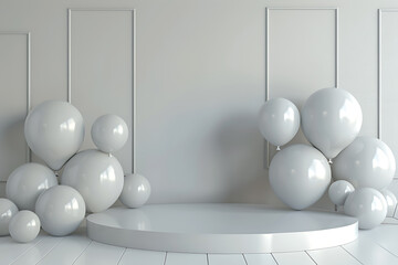 An elegant 3D podium adorned with balloons, ideal for product presentations, offering sophistication and style