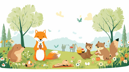 Obraz na płótnie Canvas A comical scene of animals having a picnic in a sun