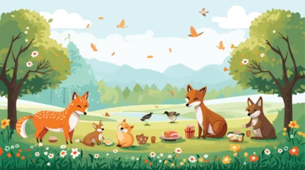 Deurstickers A comical scene of animals having a picnic in a sun © Mishi