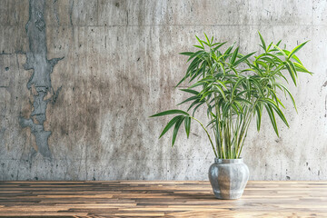 Bamboo plant in ceramic vase on wooden floor and concrete wall background