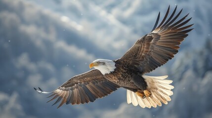 Bald Eagle Flying in Front of Snowy Mountain