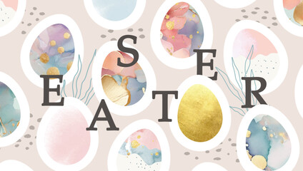 Happy Easter banner. Trendy Easter design with beautiful decorated eggs. Horizontal poster, greeting card, header for website