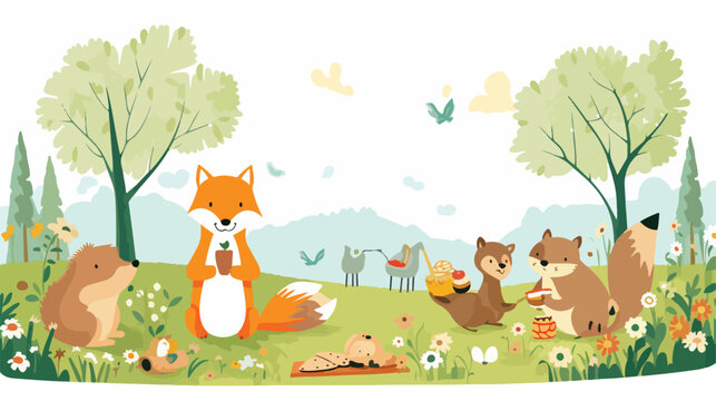 A comical scene of animals having a picnic in a sun
