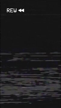 Old VHS Tape Display REW Rewind Analog TV - Retro Vintage Abstract Noise Background Loop - Vertical Video