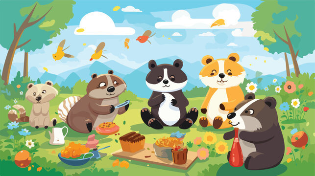 A comical scene of animals having a picnic in a sun