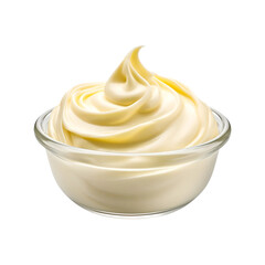 White Mayonnaise Cream in glass bowl isolated on transparent background, PNG Object