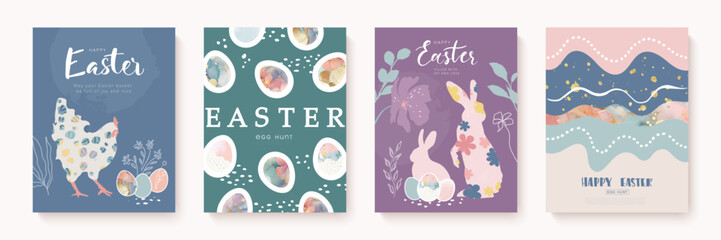 Easter card set. Modern fashionable design with painted eggs, hares, chicken. Vector illustration with hand drawn elements