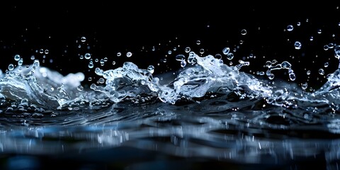 A water splash suspended in darkness against a sleek black backdrop. Concept Water Splash Photography, Dark Background, Abstract Art, High-speed Photography, Liquid Motion