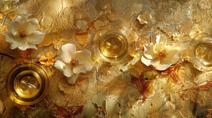 a painting of gold and white flowers on a gold leafed background with a gold ring in the middle of the painting.