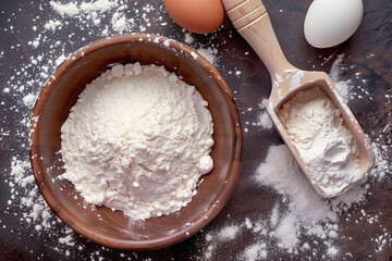 Preparing for Baking Scene with Flour, Eggs, and Wooden Scoop