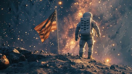 An astronaut in a space suit holding a flag on a simulated lunar or Martian surface, representing the future possibilities of human space flight for International Day of Human Space Flight - obrazy, fototapety, plakaty