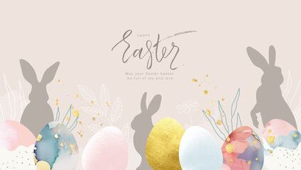 Happy Easter banner. Trendy Easter design with beautiful decorated eggs and bunny in pastel colors. Modern style. Horizontal poster, greeting card, header for website. Vector illustration