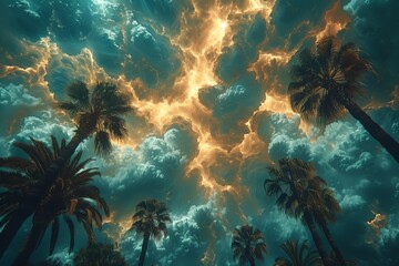 Palm Trees in the Midst of a Fierce Storm, Tropical Storm or Hurricane Typhoon. Generative AI.
 - obrazy, fototapety, plakaty