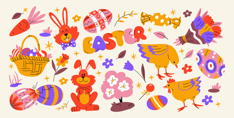 Cartoon set of Easter stickers in abstract 90s retro style. Spring elements, rabbits, eggs, Christian holiday, Easter baskets, flowers. Vector groovy illustration