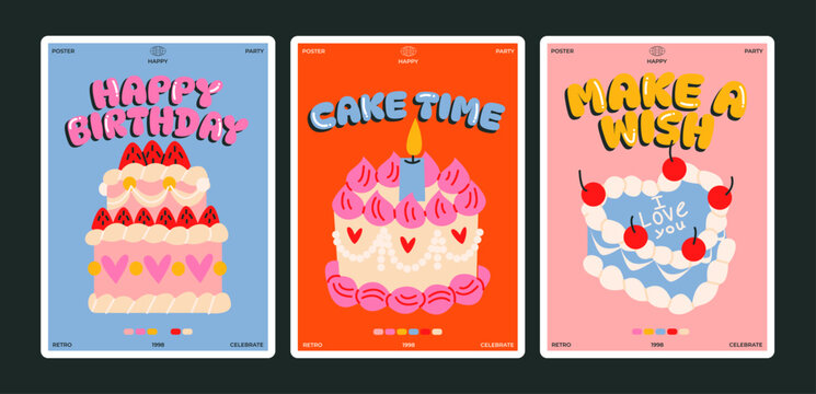 Happy Birthday cards in cartoon retro 90s style. Celebration congratulations posters with cakes and sweets. Vector bright template for party, event.