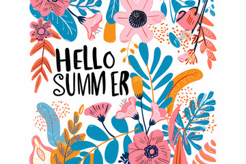 Illustration - Hello summer. Lettering on a white background with red and pink flowers, leaves. is ideal for wallpapers, posters, cards, prints on covers, phone cases, bags