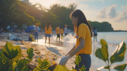 Corporate Social Responsibility Campaign: A company-sponsored volunteer event cleaning up a local park or beach,  demonstrating commitment to CSR - obrazy, fototapety, plakaty