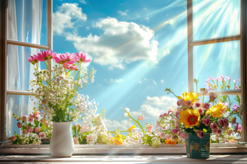 Fototapeta na wymiar Sunlit Blooms: A Window View