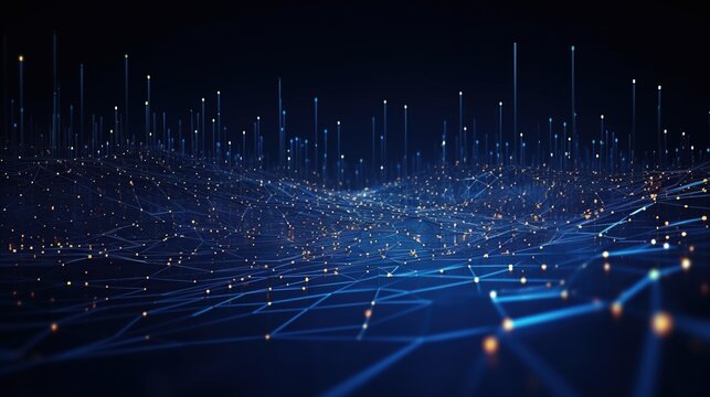 Big data visualization technology concept. Futuristic low poly shapes and connecting the dots lines and dark blue background.