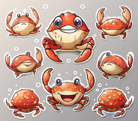 Set of cute cartoon crabs in various poses on a light background, suitable for stickers or children's designs.
