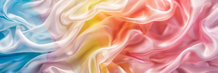 Obraz premium Pastel Rainbow Silk Background, Ruffle Banner, Folded Textile Waving Texture, Silk Waves Mockup