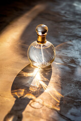 round transparent glass bottle of woman's perfume