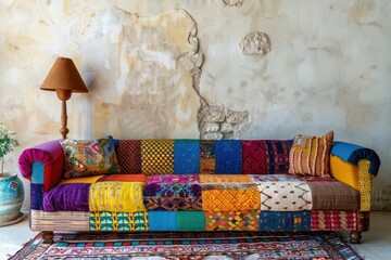 A colorful couch with a lamp on a table in front of it. The couch is made of different colored pieces of fabric, giving it a unique and eclectic appearance. The lamp provides a warm