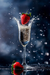 strawberry falling into a champagne glass and it is splashing