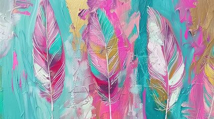 a painting of pink, blue, and yellow feathers on a green and yellow background with a white stripe on the bottom of the painting.