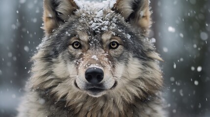 Portrait of a wolf in the winter forest. Snowfall