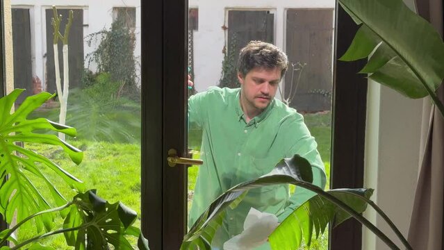 man wipes window at home with tissue and  leaner spray
