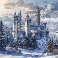 Old Castle Winter Landscape, Fantasy Kingdom Snow Landscape, Winter Castle, Copy Space