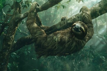 Naklejka premium Sloth hanging from a tree in a natural habitat