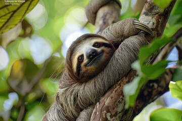 Fototapeta premium Sloth hanging from a tree in a natural habitat