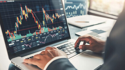 man checking stock market charts on the laptop, hands close up