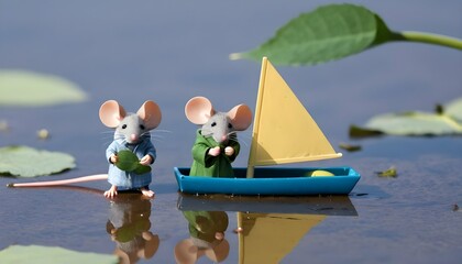 A Mouse With A Leaf Sailboat In A Puddle Regatta