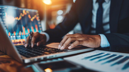 Fototapeta premium man checking stock market charts on the laptop, hands close up