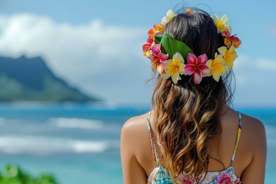 Scenic Back view woman hawaii beach girl. Wedding wreath. Generate AI