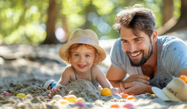 Father and child build a sand castle on the beach. Happy parenting. Concept: family vacation at a resort, traveling with children to the sea