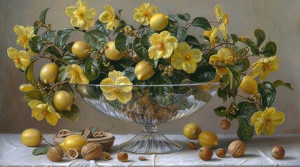 a painting of yellow flowers in a glass bowl on a table with nuts and nutshells on the table.