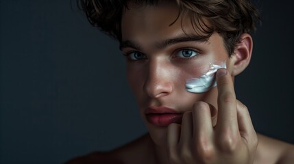 A handsome young man with cream on his face, against a black background. Skin care products on his face. Generated by artificial intelligence.