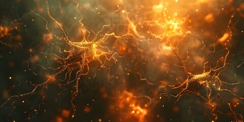 Abstract image of brain cells firing in dark symbolizing nervous system. Concept Nervous System, Brain Cells, Abstract Image, Firing Neurons, Dark Aesthetic - obrazy, fototapety, plakaty