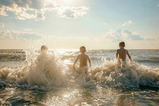 Children playing on the beach in the warm sunlight 